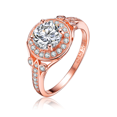 Shop Genevive Sterling Silver Rose Gold Plated Cubic Zirconia Halo Engagement Ring In Pink