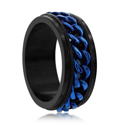 Blackjack Stainless Steel Black W/ Blue Cuban Link Ring In Black