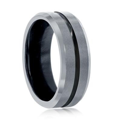 Blackjack Matte & Polished Silver And Black Stripe Tungsten Ring In Grey