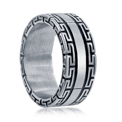 Blackjack Stainless Steel Oxidized Greek Key Ring In Silver