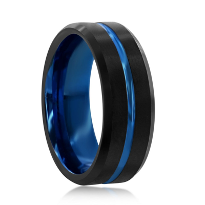 Shop Blackjack Matte Black & Polished Blue Stripe Tungsten Ring