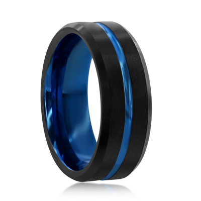 Blackjack Men's Beveled Etched Stripe Band In Tungsten & Ion-plating In Black