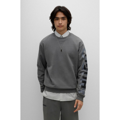 Shop Hugo Boss - Cotton Terry Sweatshirt With Cyber Shadow Logo In Grey