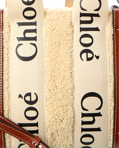 Shop Chloé Chloe Woody Small Shearling & Leather Tote In Beige