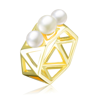 Shop Genevive Sterling Silver Gold Plated Freshwater Pearls Geometric Ring In Yellow
