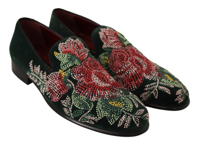 Shop Dolce & Gabbana Velvet Floral Embroidery Loafers Men's Shoes In Green