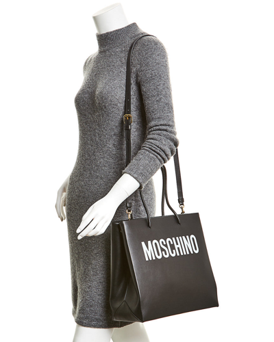 Shop Moschino Logo Leather Tote In Black