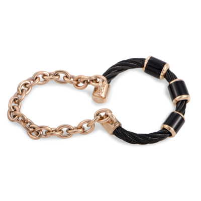 Shop Charriol St. Tropez Stainless Steel Pink And Black Pvd Black Enamel Cable And Chain Band Ring In Silver