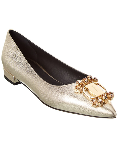 Shop Ferragamo Salvatore  Hailey Leather Flat In Gold