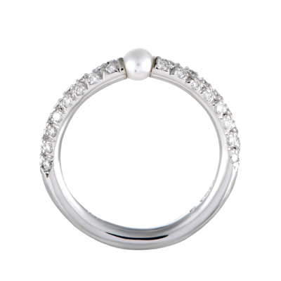 Shop Mikimoto 18k White Gold Diamond And 3.0-3.5mm Akoya Pearl Band Ring In Silver