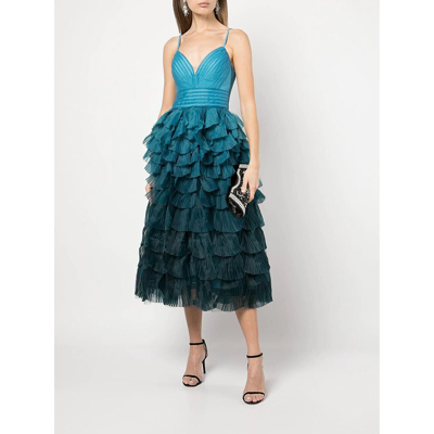 Shop Marchesa Notte Tiered Ruffle Gown In Green