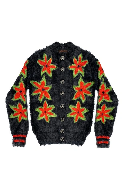 Chopova Lowena Fuzzy Floral Button-down Cardigan In Black | ModeSens