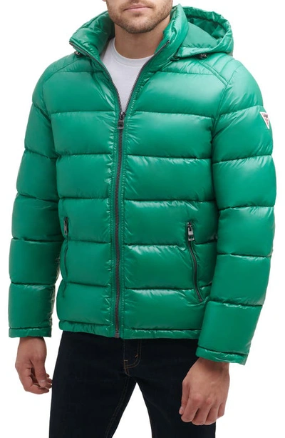 Shop Guess Hooded Solid Puffer Jacket In Kelly Green