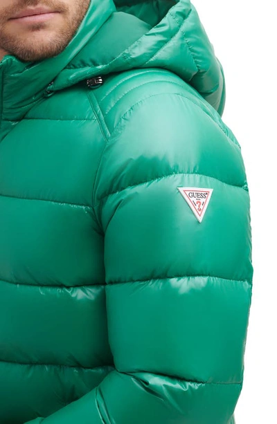 Shop Guess Hooded Solid Puffer Jacket In Kelly Green