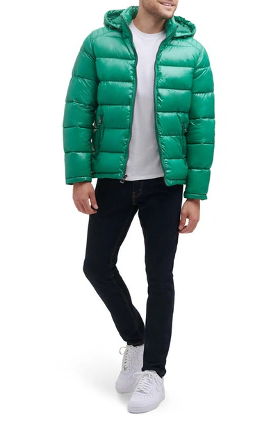 Shop Guess Hooded Solid Puffer Jacket In Kelly Green