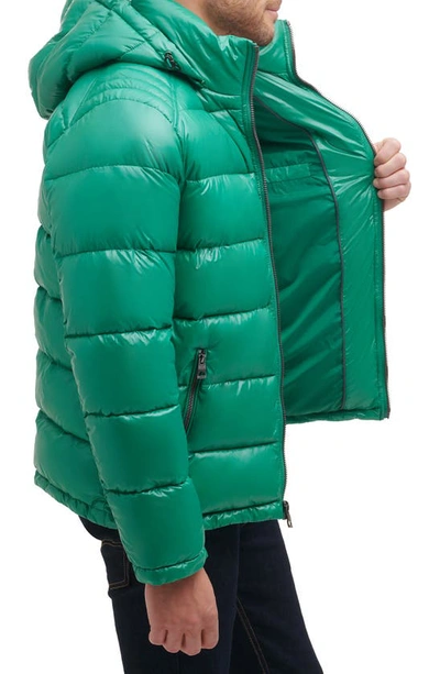 Shop Guess Hooded Solid Puffer Jacket In Kelly Green