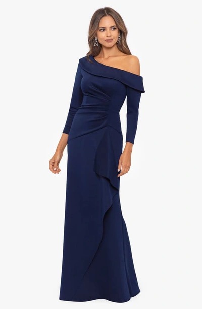 XSCAPE XSCAPE EVENINGS ONE-SHOULDER LONG SLEEVE SCUBA CREPE GOWN 