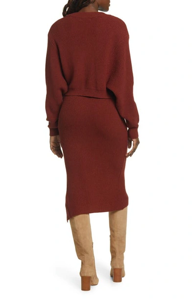 Shop Lulus More The Merrier 3-piece Sweater Dress And Cardigan In Rust Red