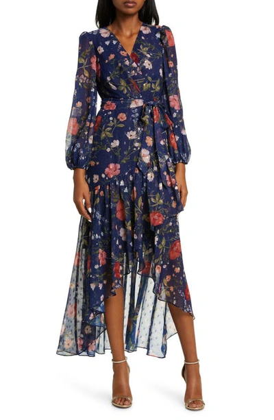 Eliza J Floral Metallic Detail High low Dress In Navy Multi