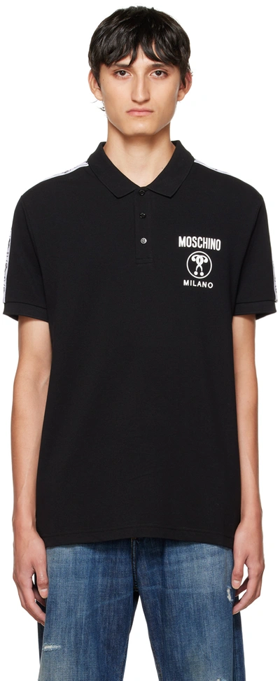Shop Moschino Black Spread Collar Polo In A1555 Fantasy Print