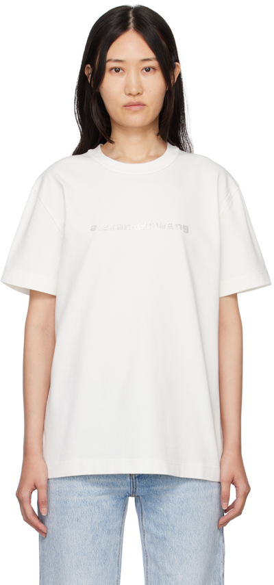 Hotfix Crystal Logo Back Lip Print Cotton Crewneck T-shirt In White