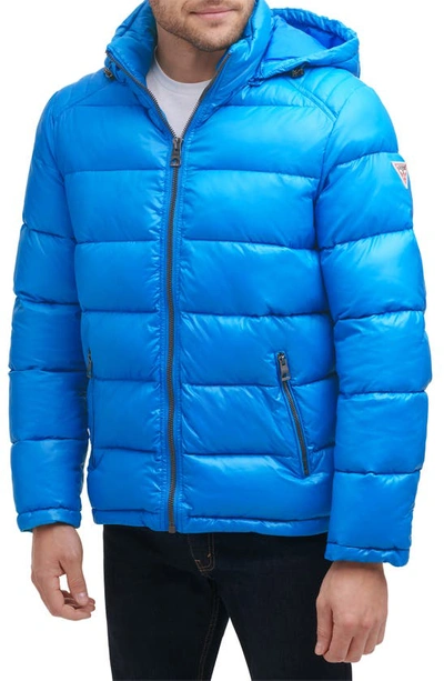 Shop Guess Hooded Solid Puffer Jacket In Aqua