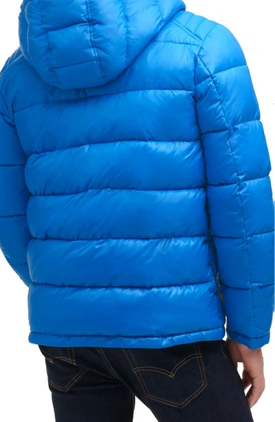 Shop Guess Hooded Solid Puffer Jacket In Aqua