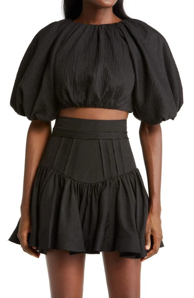 Shop Aje Admiration Puff Sleeve Lace-up Linen Blend Crop Top In Black
