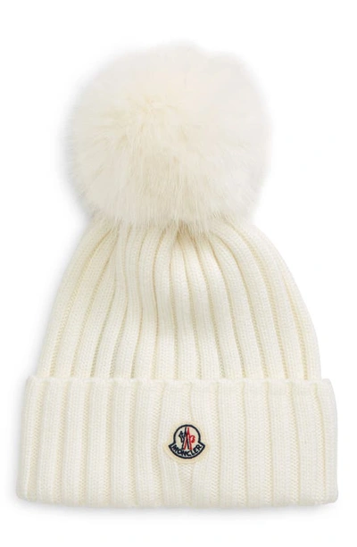 Shop Moncler Wool Rib Beanie With Faux Fur Pompom In Natural