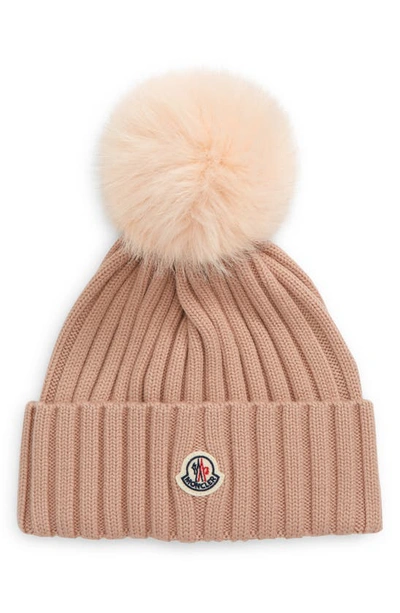 Shop Moncler Wool Rib Beanie With Faux Fur Pompom In Beige