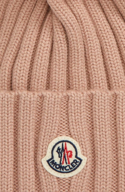 Shop Moncler Wool Rib Beanie With Faux Fur Pompom In Beige