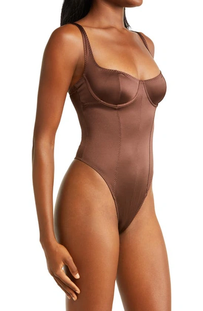 Skims Stretch Satin Underwire Thong Bodysuit In Cocoa
