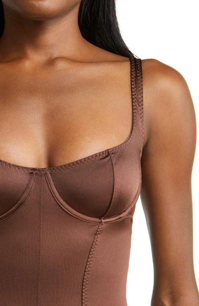 Skims Stretch Satin Underwire Thong Bodysuit In Cocoa