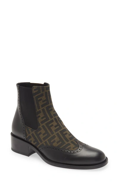 Shop Fendi Ff Wingtip Chelsea Boot In Nero/ Tabac Nero/ Nero