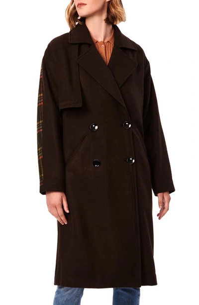 Shop Bernardo Double Breasted Mixed Media Wool Blend Coat In Military Green Orange Plaid