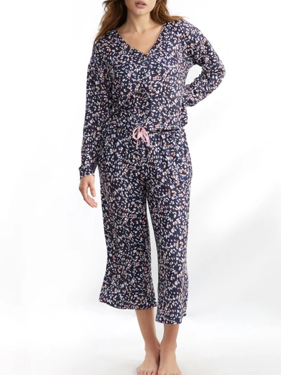 Shop Splendid Cardigan Knit Cropped Pajama Set In Navy Multi