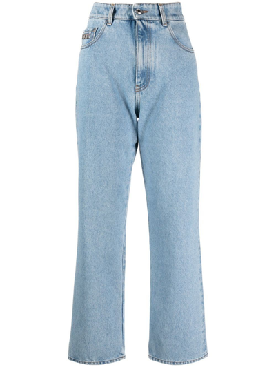 Shop Gcds Cropped Jeans With Crystal Decoration In Blue