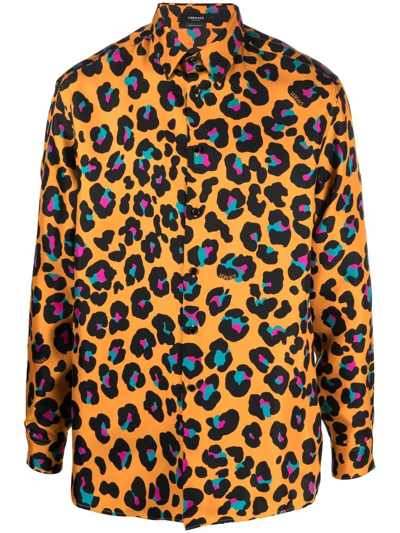 Shop Versace Daisy Leopard-print Silk Shirt In Multicolour