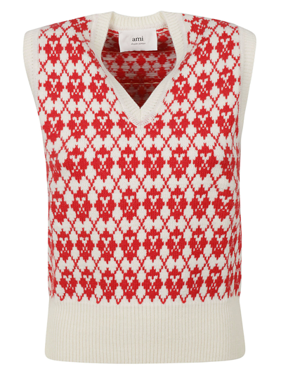 Shop Ami Alexandre Mattiussi Jacquard V-neck Sweater In Off White/red