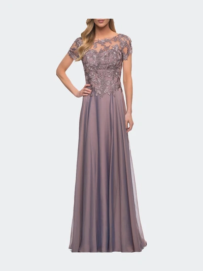 Shop La Femme Chiffon Evening Gown With Lace Bodice In Pink