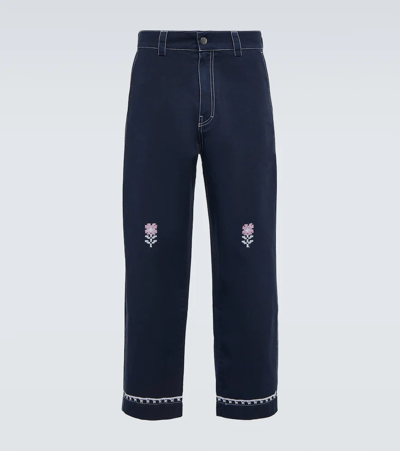Shop Adish Embroidered Cotton Drill Chinos In Navy
