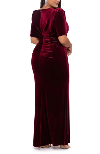 Shop Xscape Ruched Puff Sleeve Velvet Gown In Burgundy