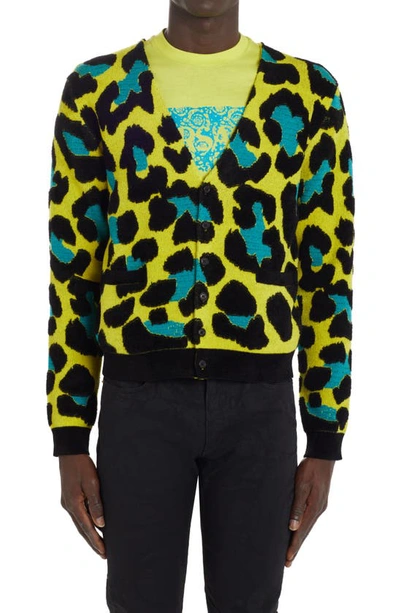 Shop Versace Daisy Leopard Jacquard Cardigan In 5y200 Acid Lime Multicolor