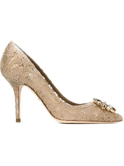 Dolce & Gabbana Belluci Crystal-embellished Lace Pumps In Gold