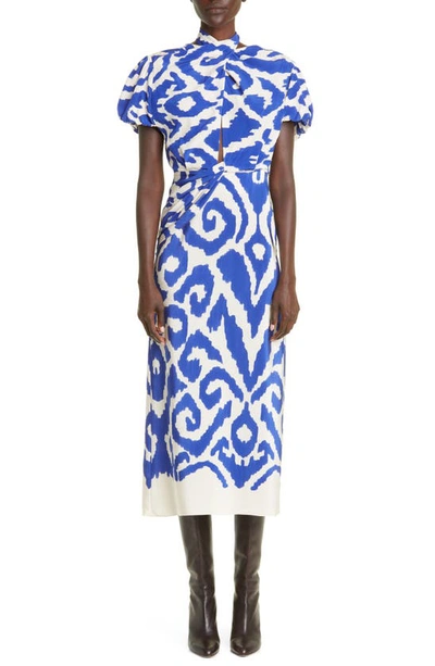 Shop Johanna Ortiz Plantas Marinas Ikat Print Silk Crêpe De Chine Maxi Dress In Ikat Ecru/ Mykonos