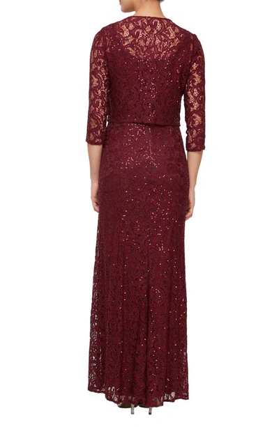 Alex Evenings Sequin Lace Jacket Gown In Wine