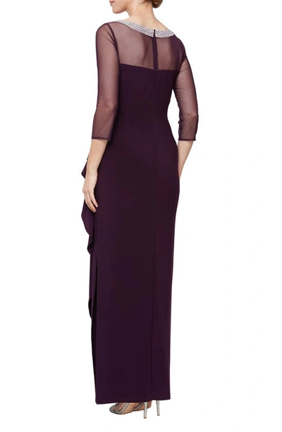 Alex Evenings Illusion Sleeve Side Ruched Gown In Eggplant