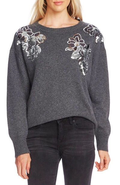 Shop Vince Camuto Sequin Floral Cotton Blend Sweater In Medium Heather Grey