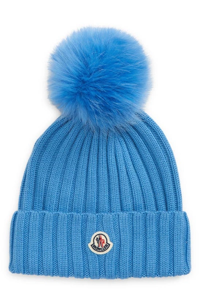 Shop Moncler Wool Rib Beanie With Faux Fur Pompom In Turquoise