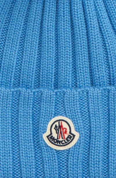 Shop Moncler Wool Rib Beanie With Faux Fur Pompom In Turquoise